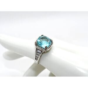 Vintage 925 Silver Aquamarine CZ Ring Baguette Sides Size 7.25